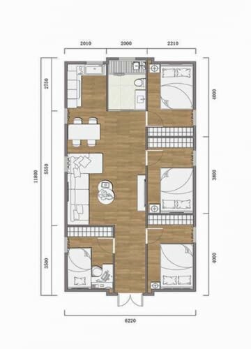 Modern apartment floor plan with labeled dimensions and room layout.