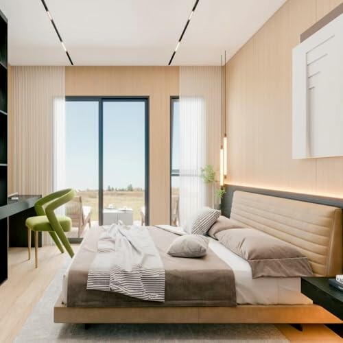 Modern bedroom with large window, bed, and desk