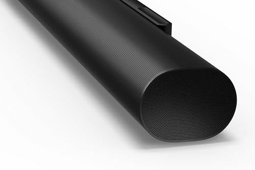 Close-up of a modern black soundbar on a white background.