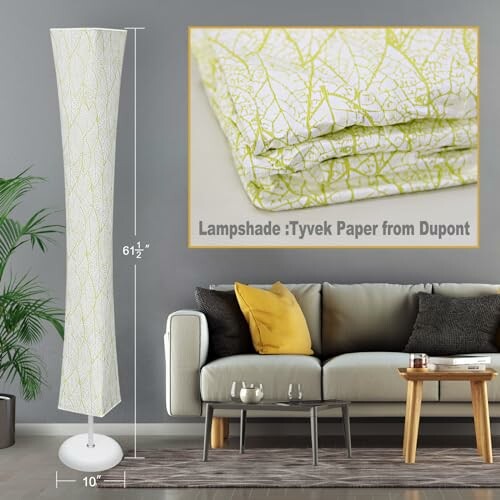 Tall floor lamp with Tyvek paper shade in a living room setting.