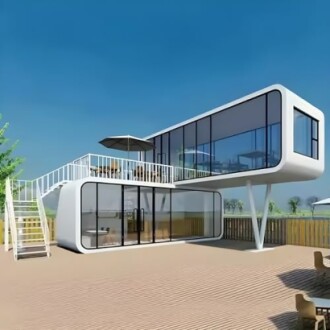 Modern modular home with large windows and rooftop terrace.