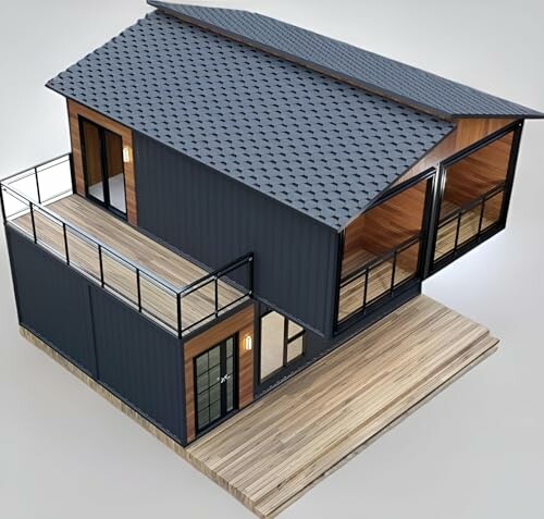 3D model of a modern tiny house with large windows and a rooftop deck.