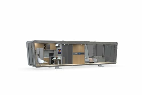 Cutaway view of a modern tiny house interior with kitchen, living area, and bedroom.