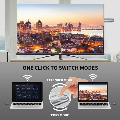 TV with cityscape, mode switch feature for laptops.