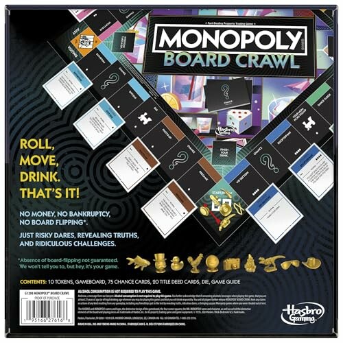 Back of Monopoly Board Crawl game box with instructions and components.