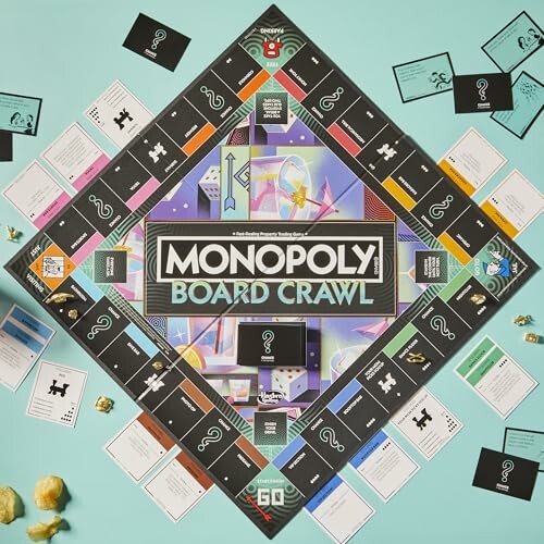 Monopoly Board Crawl game setup with cards and tokens.