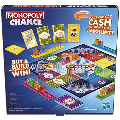 Back of Monopoly Chance game box featuring board and components.