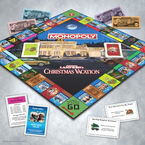 Monopoly game board themed around National Lampoon's Christmas Vacation.