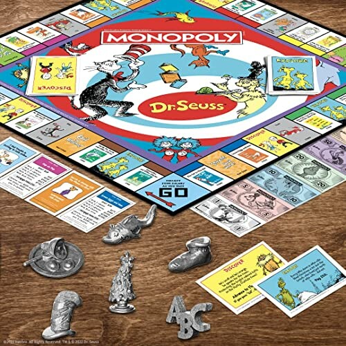 Monopoly board game with Dr. Seuss theme and themed game pieces.