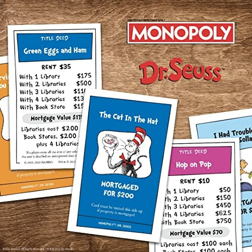 Monopoly Dr. Seuss edition title deed cards.