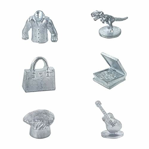 Monopoly game tokens including T-Rex, penguin, rubber ducky, and others.