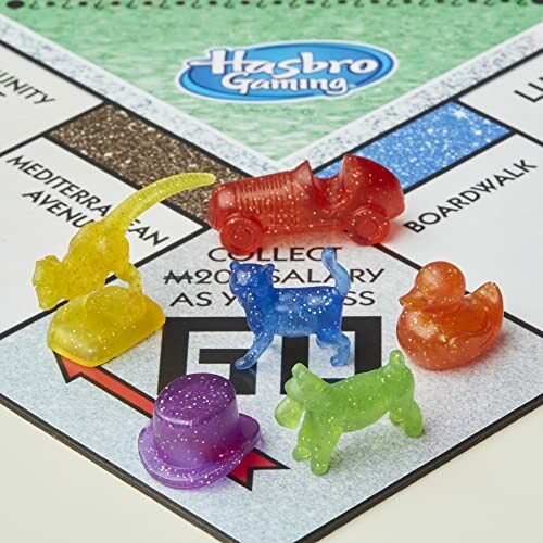 Colorful Monopoly game tokens on board.