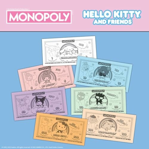 Hello Kitty-themed Monopoly money with various denominations.