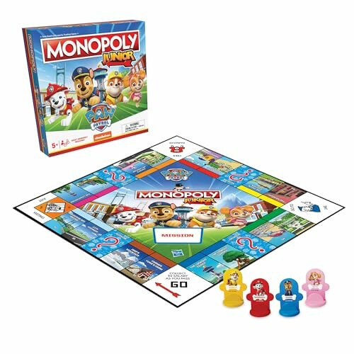 Monopoly Junior Paw Patrol board game with box and paw-shaped tokens.