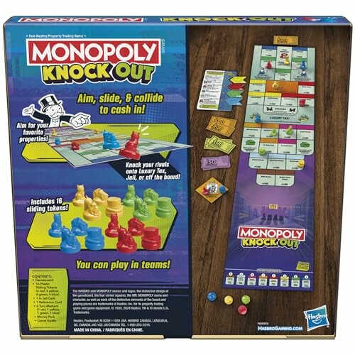 Back of the Monopoly Knock Out board game box showing game components and setup.