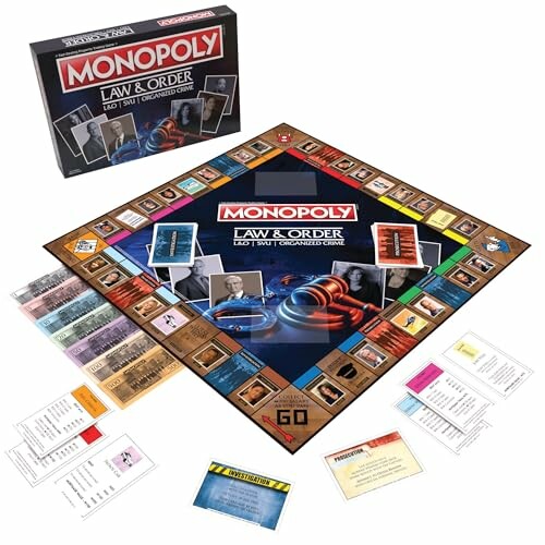 Monopoly Law & Order edition board game with box, cards, and pieces.