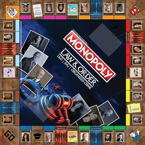 Monopoly board game themed around Law & Order, featuring various character images and custom spaces.