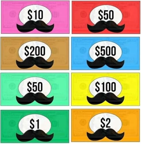 Colorful monopoly money with mustache icons and various denominations.