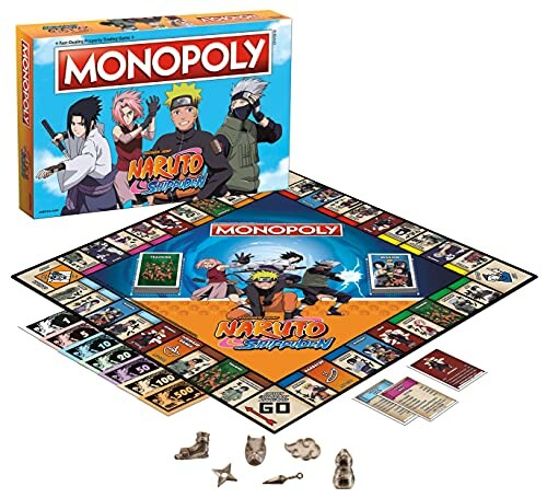 Monopoly Naruto Shippuden board game with characters and game pieces.