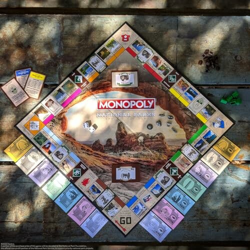 Monopoly National Parks Edition board game on a wooden table.