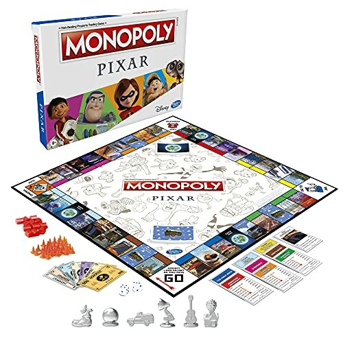 Pixar Monopoly board game with box, cards, tokens, and money.