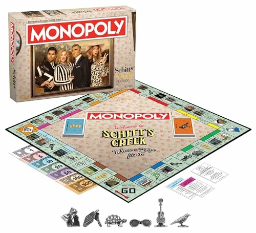 Schitt's Creek themed Monopoly board game with customized pieces and board.