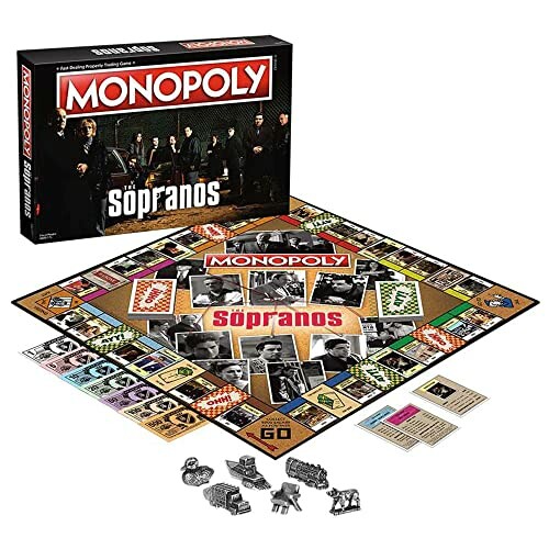 Monopoly board game with Sopranos theme, featuring customized tokens and cards.