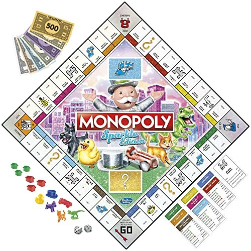 Monopoly Sparkle Edition board game with colorful tokens, money, and game board.