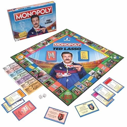 Ted Lasso Monopoly board game with box, cards, and money.