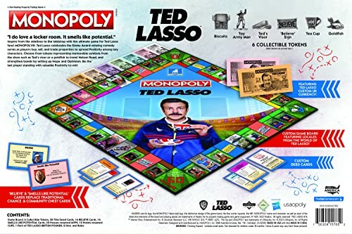 Monopoly board game featuring Ted Lasso theme with collectible tokens.