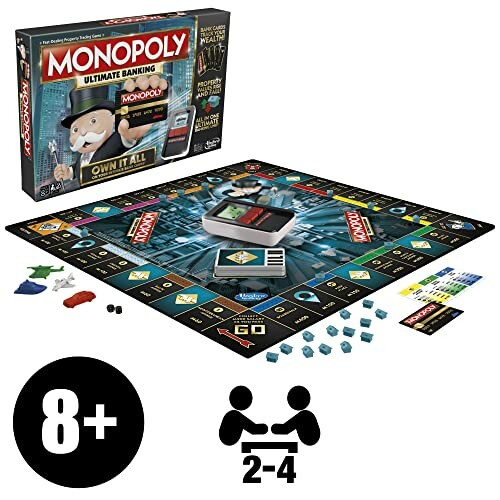 Monopoly Ultimate Banking board game with electronic banking unit and cards.