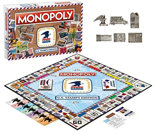 Monopoly U.S. Stamps Edition board game with box and pieces.