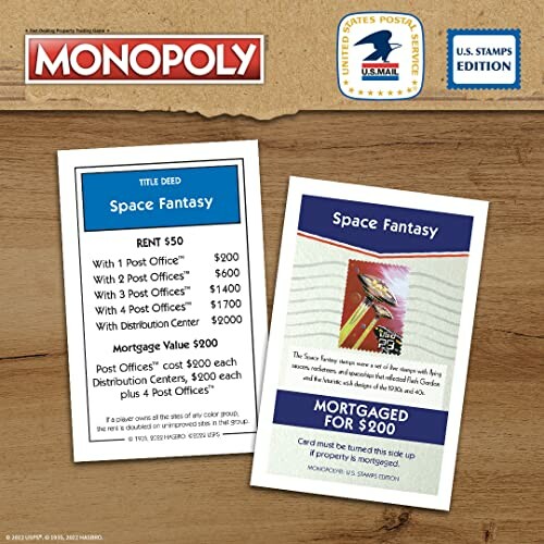 Monopoly U.S. Stamps Edition Space Fantasy property cards.