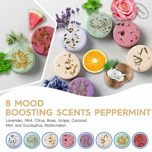 Assorted scented bath bombs with ingredients like lavender, mint, citrus, rose, grape, coconut, mint and eucalyptus, and watermelon.