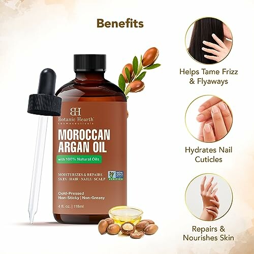 Moroccan Argan Oil bottle with benefits for hair, nails, and skin.