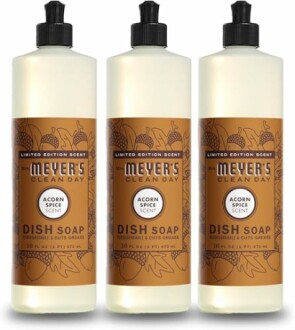 Three bottles of Mrs. Meyer's Acorn Spice dish soap.