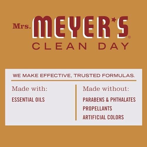 Mrs. Meyer's Clean Day product information, highlighting ingredients and exclusions.