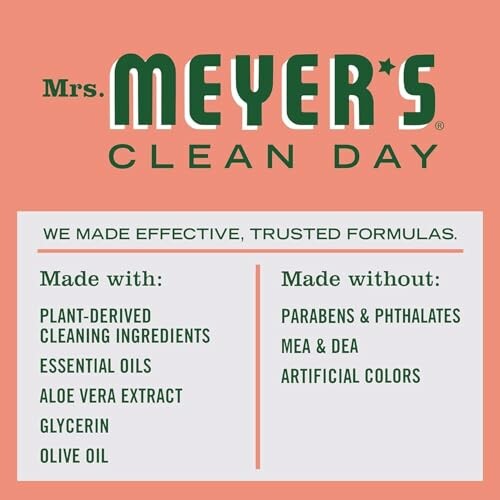 Mrs. Meyer's Clean Day ingredients list showing what is included and excluded.