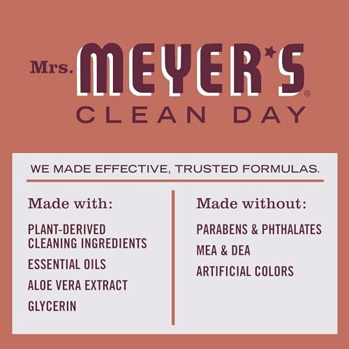 Mrs. Meyer's Clean Day product information highlighting ingredients used and not used.