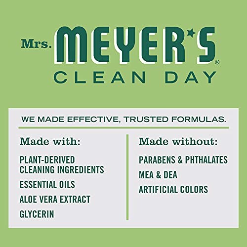 Mrs. Meyer’s Clean Day product label highlighting ingredients used and not used.