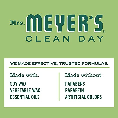 Mrs. Meyer's Clean Day ingredients list highlighting made with soy wax, vegetable wax, essential oils; made without parabens, paraffin, artificial colors.