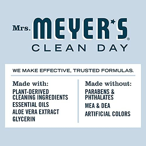 Mrs. Meyer's Clean Day label highlighting ingredients and exclusions.