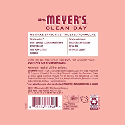 Mrs. Meyer's Clean Day product label with ingredients and certifications.