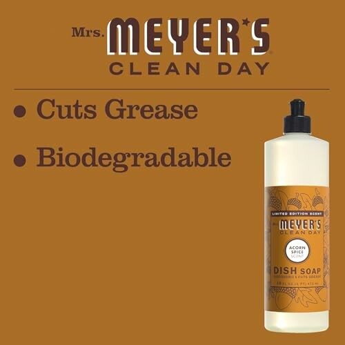 Mrs. Meyer's Clean Day dish soap bottle with text 'Cuts Grease' and 'Biodegradable'.