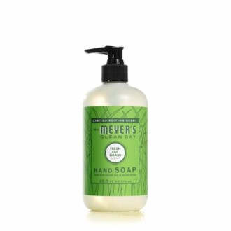 Mrs. Meyer's Clean Day hand soap bottle with fresh cut grass scent.