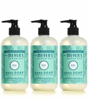 Three bottles of Mrs. Meyer's mint scent hand soap.