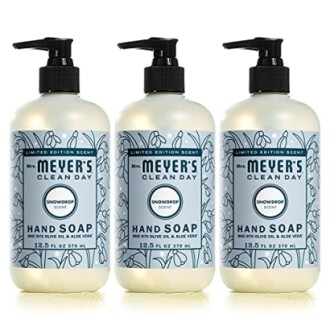 Three bottles of Mrs. Meyer's Clean Day Snowdrop hand soap.