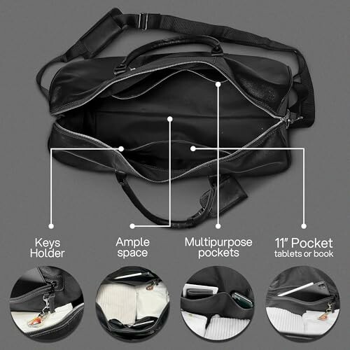 Open black duffel bag with labeled features including keys holder, ample space, multipurpose pockets, and 11-inch pocket for tablets or books.