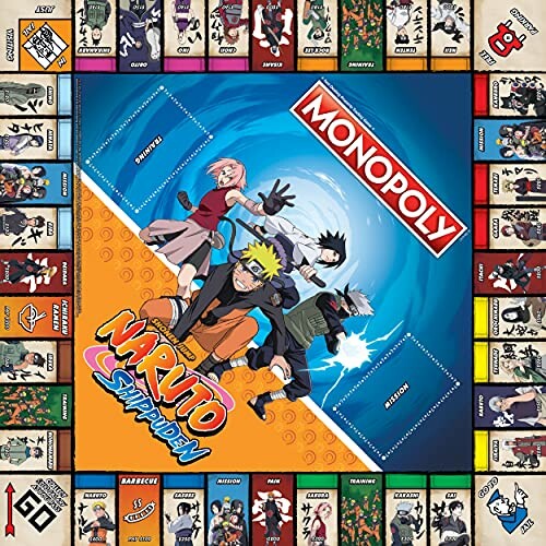 Monopoly board game with Naruto Shippuden theme featuring characters and properties.