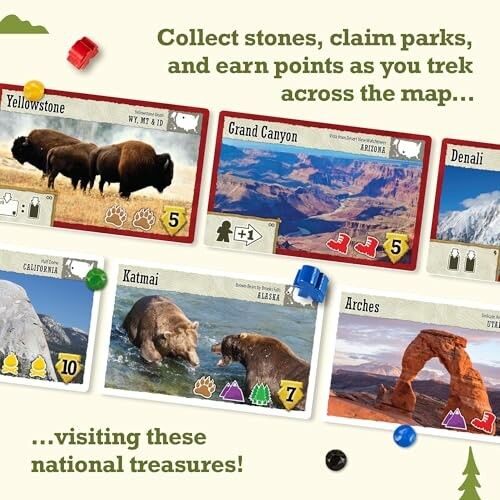 Board game cards featuring national parks like Yellowstone and Grand Canyon.